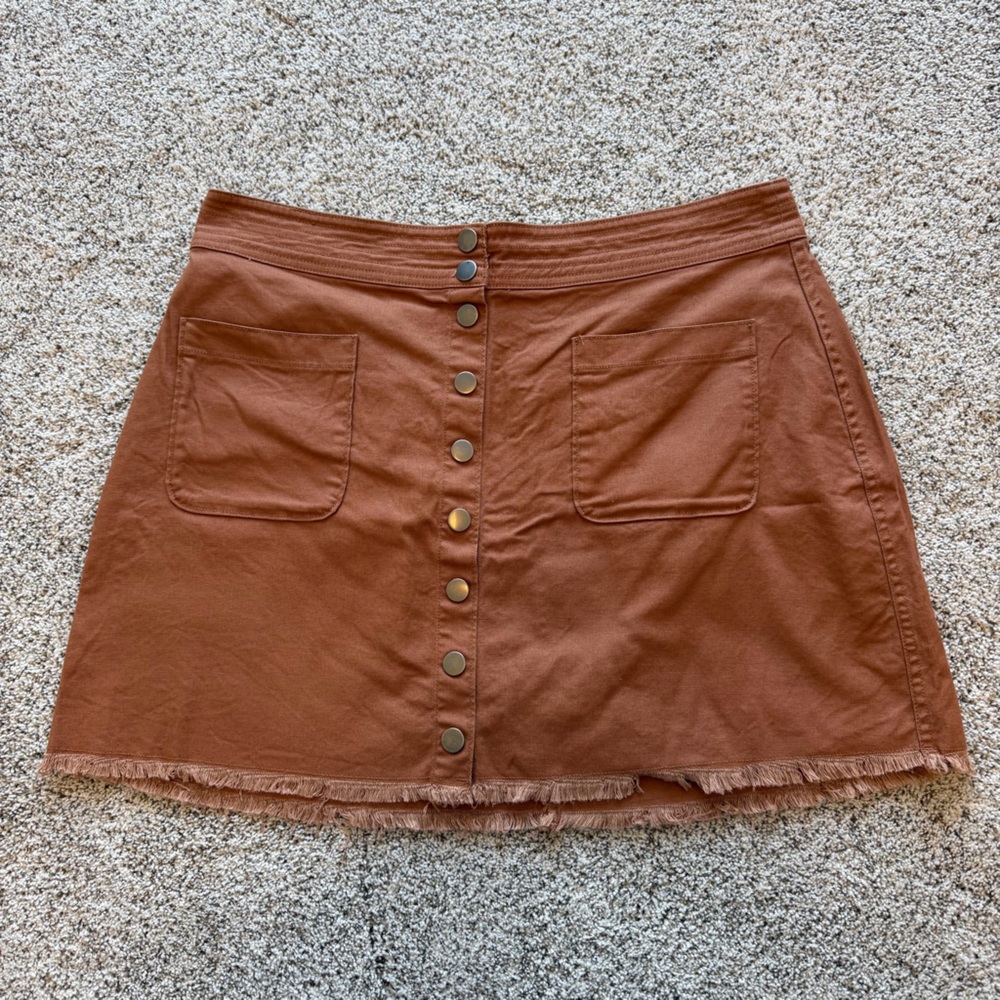 Madewell Frayed Hem Button-down Mini Skirt Sz 14 Burnt Sienna Cottonblend